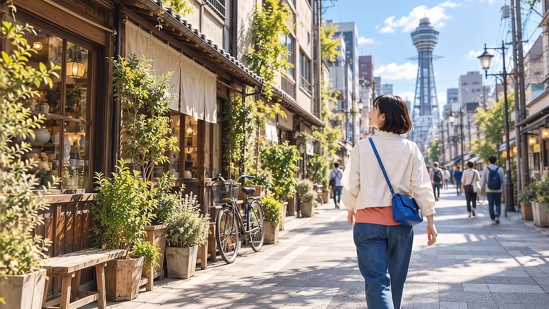 大阪の街を歩く主人公のAI生成イメージ