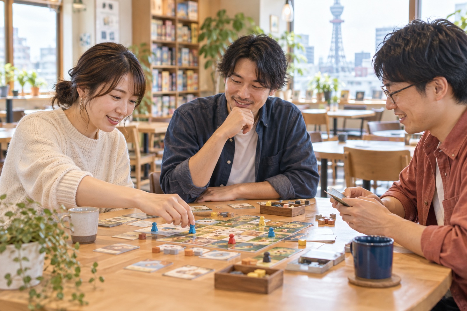 ボードゲームカフェで三人がテーブルを囲む体験イメージ